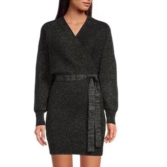 GIANNI BINI Alston Sexy Low Cut Sweater Dress Belted Black Gray Sz XS Small New - Picture 3 of 16